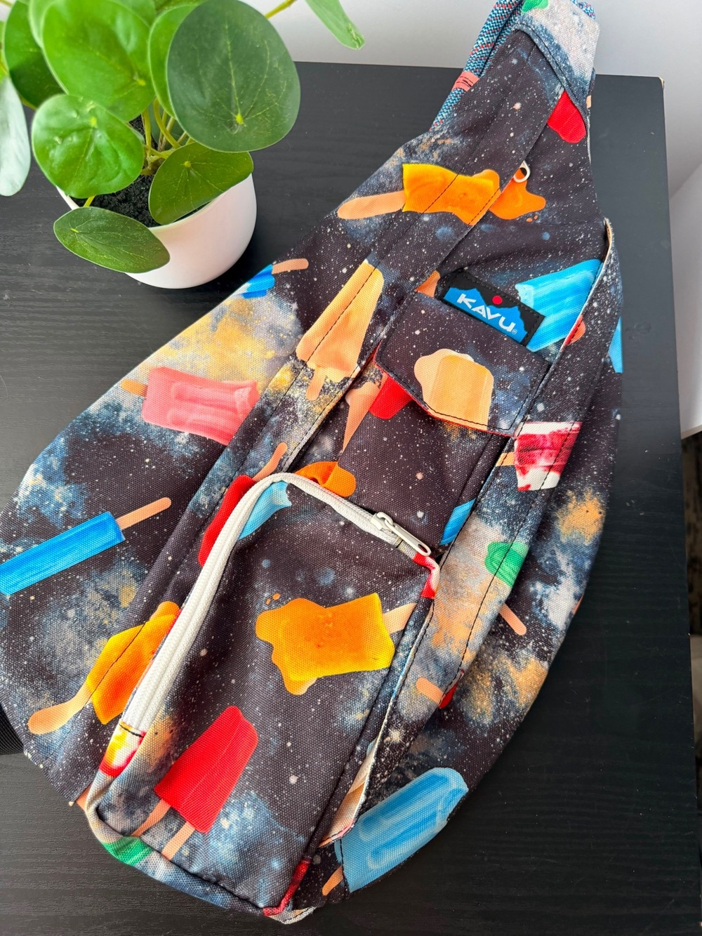 Kavu Black Sling Bag with Bright Multicolor Popsicle Motif